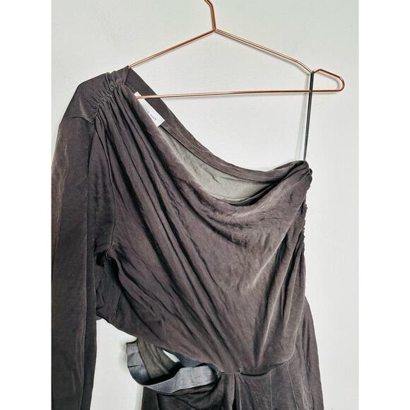 SOMETHING NAVY One Shoulder Black Pleated Long Sleeve Midi Dress Size Large - Picture 11 of 13